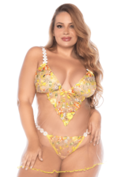 Nuisette grande taille transparente brodée jaune et string - MAL7608XSUBS